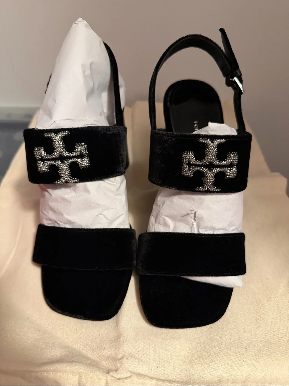 Tory Burch Black Velvet Sandals with Crystal Logo